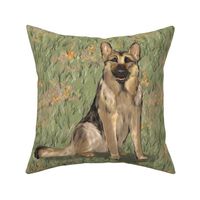 Sitting German Shepherd Dog in Orange Wildflowers for Pillow