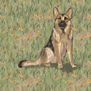 Sitting German Shepherd Dog in Orange Wildflowers for Pillow