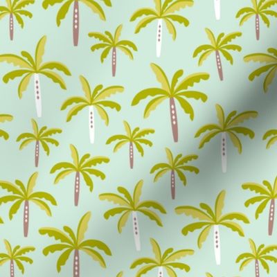 Summer palm tree beach coconut pastel bikini tropics illustration print in mint and mustard yellow