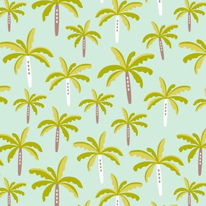 Summer palm tree beach coconut pastel bikini tropics illustration print in mint and mustard yellow