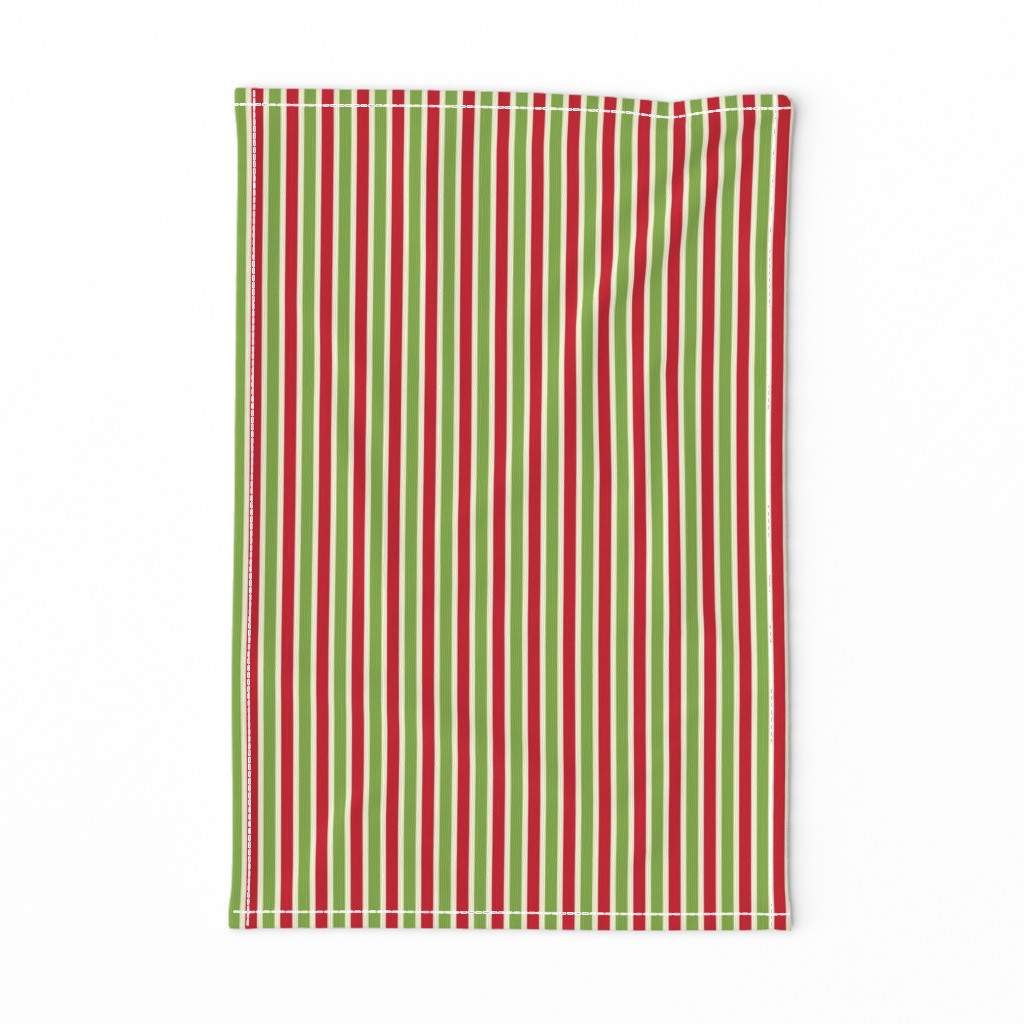 Festive Season Stripe - Narrow Magnolia Cream Ribbons with Ferny Green and Festive Red