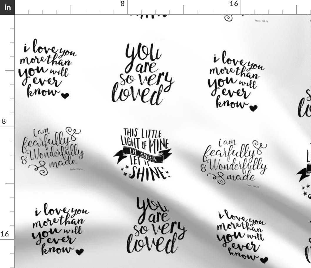 6" blocks typography sampler  - love, little light, wonderfully made - monochrome