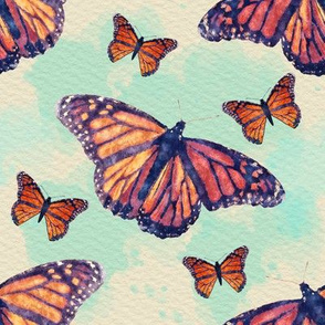 Monarch Butterflies with Blue Watercolor