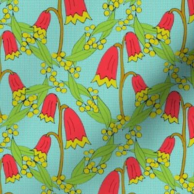 Christmas Bells and Golden Wattle on Teal Dots -Medium Scale