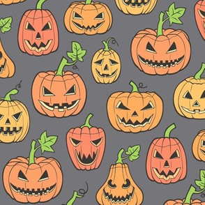 Halloween Jack-O-Lantern Scary Pumpkin  Fabric  Orange on Dark Grey