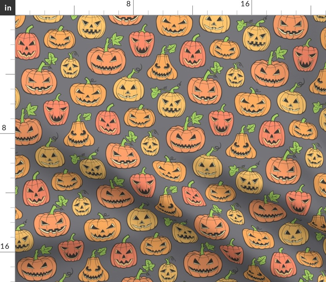 Halloween Jack-O-Lantern Scary Pumpkin  Fabric  Orange on Dark Grey