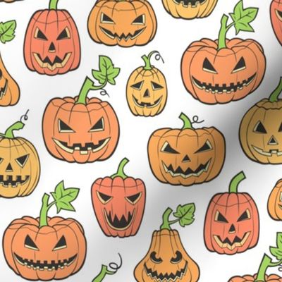 Halloween Jack-O-Lantern Scary Pumpkin Fabric  Orange on White 