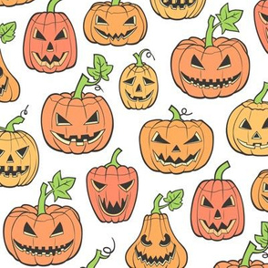 Halloween Jack-O-Lantern Scary Pumpkin Fabric  Orange on White 