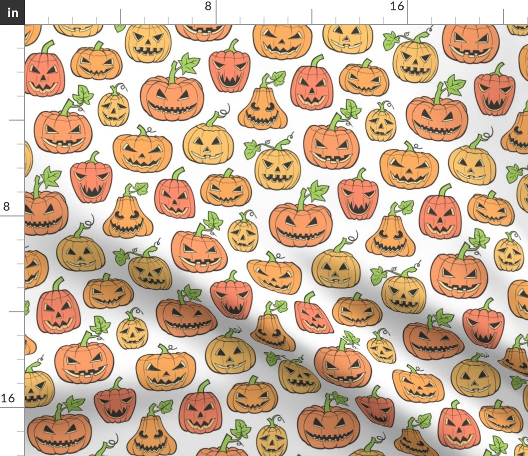 Halloween Jack-O-Lantern Scary Pumpkin Fabric  Orange on White 