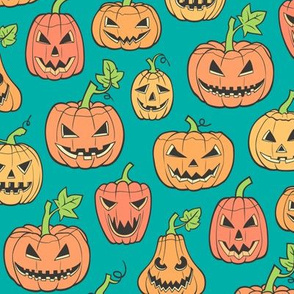 Halloween Jack-O-Lantern Scary Pumpkin Fabric  Orange on Green