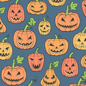 Halloween Jack-O-Lantern Scary Pumpkin Fabric  Orange on Dark Blue Navy