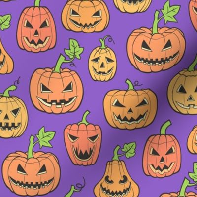 Halloween Jack-O-Lantern Scary Pumpkin Fabric  Orange on Purple