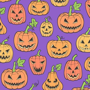 Halloween Jack-O-Lantern Scary Pumpkin Fabric  Orange on Purple