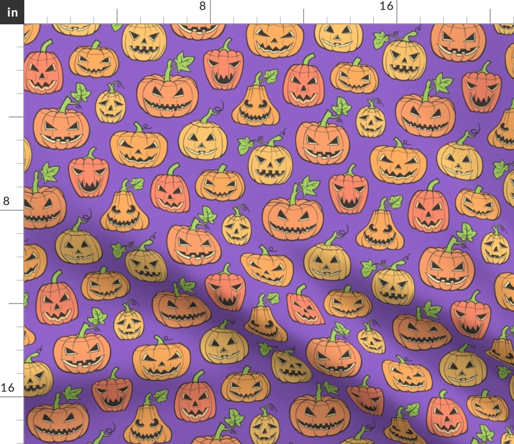Halloween Jack-O-Lantern Scary Pumpkin Fabric  Orange on Purple