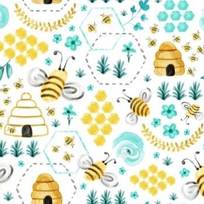 Busy Bees - Aqua Watercolor Regular Scale