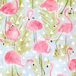 Flamingos with palm trees and triangles