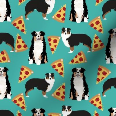 australian shepherd pizza fabric dogs and pizza food aussie dog fabric tricolored aussie - turquoise