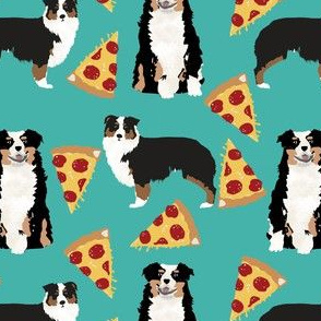 australian shepherd pizza fabric dogs and pizza food aussie dog fabric tricolored aussie - turquoise