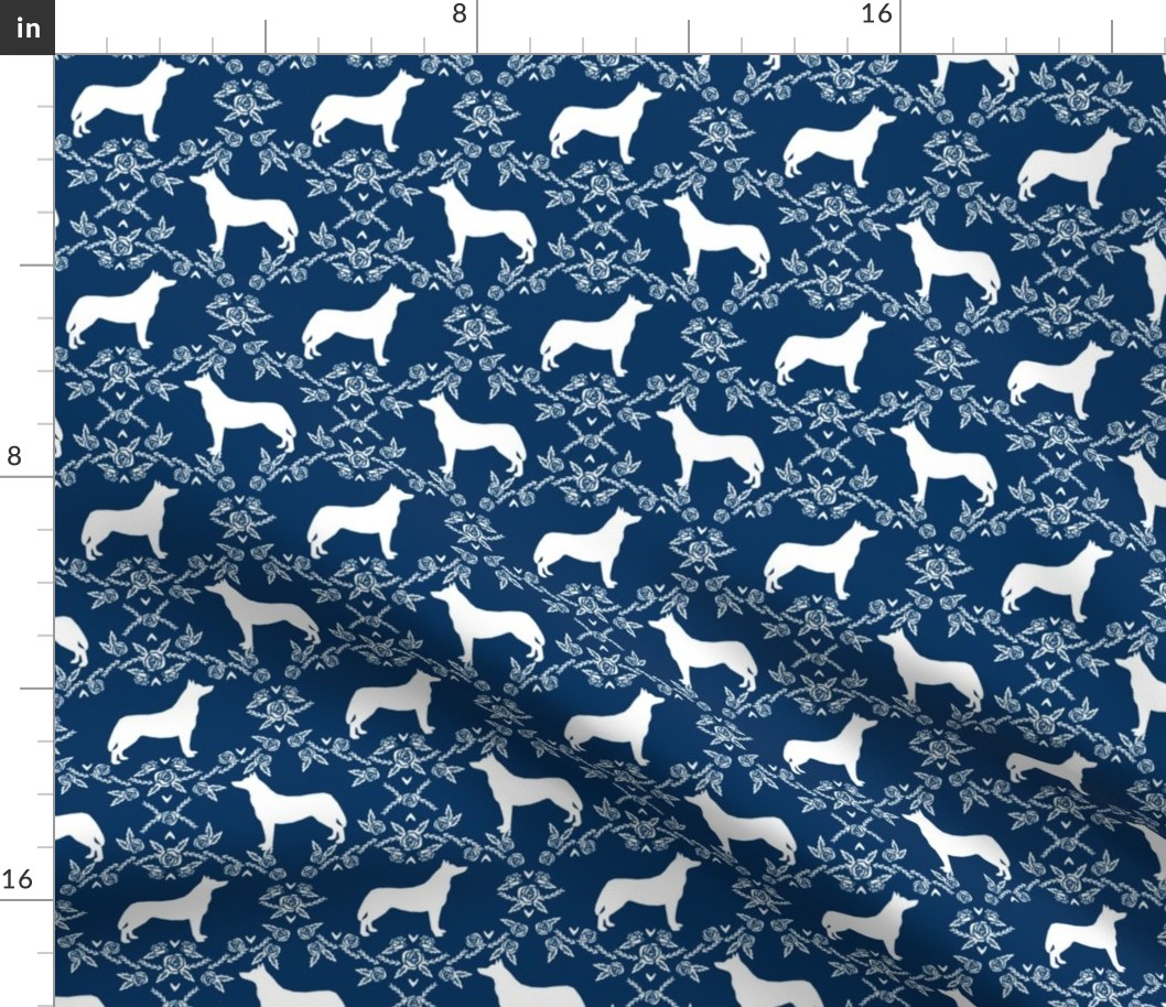 Husky siberian huskies dog breed silhouette fabric floral navy