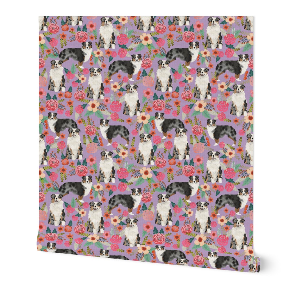 australian shepherd dog floral fabric aussie dog blue merle dog florals design - lilac