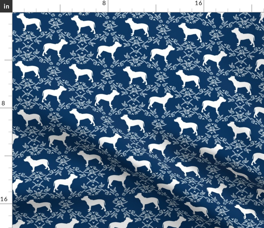 Pitbull floral silhouette dog breed pattern navy