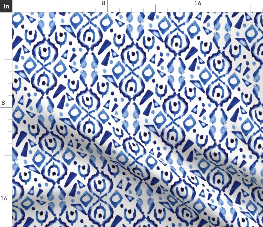 17-10W Blue Ikat Watercolor Indigo Boho White tribal Triangle Spots home decor_Miss Chiff Designs