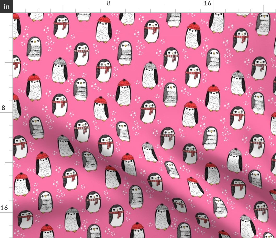 winter penguins // penguin in hats and scarves winter pingu holiday xmas fabric - pink