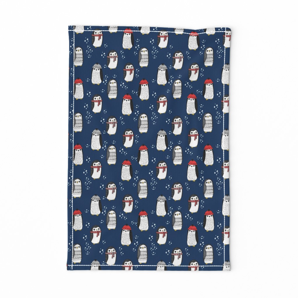 winter penguins // penguin in hats and scarves winter pingu holiday xmas fabric - navy