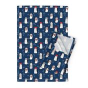 winter penguins // penguin in hats and scarves winter pingu holiday xmas fabric - navy