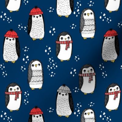 winter penguins // penguin in hats and scarves winter pingu holiday xmas fabric - navy