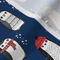 winter penguins // penguin in hats and scarves winter pingu holiday xmas fabric - navy