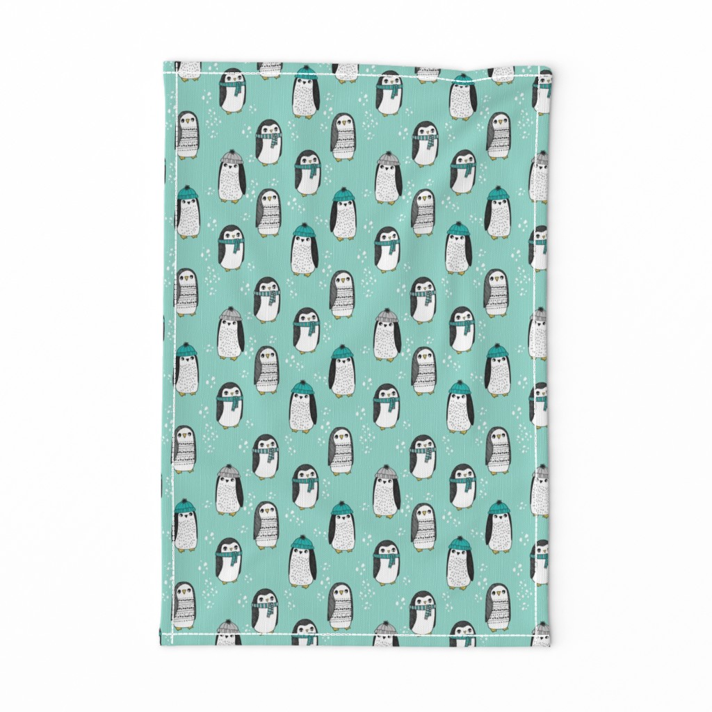 winter penguins // penguin in hats and scarves winter pingu holiday xmas fabric - mint