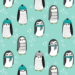 winter penguins // penguin in hats and scarves winter pingu holiday xmas fabric - mint