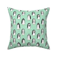 winter penguins // penguin in hats and scarves winter pingu holiday xmas fabric - mint and grey