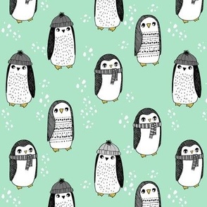 winter penguins // penguin in hats and scarves winter pingu holiday xmas fabric - mint and grey