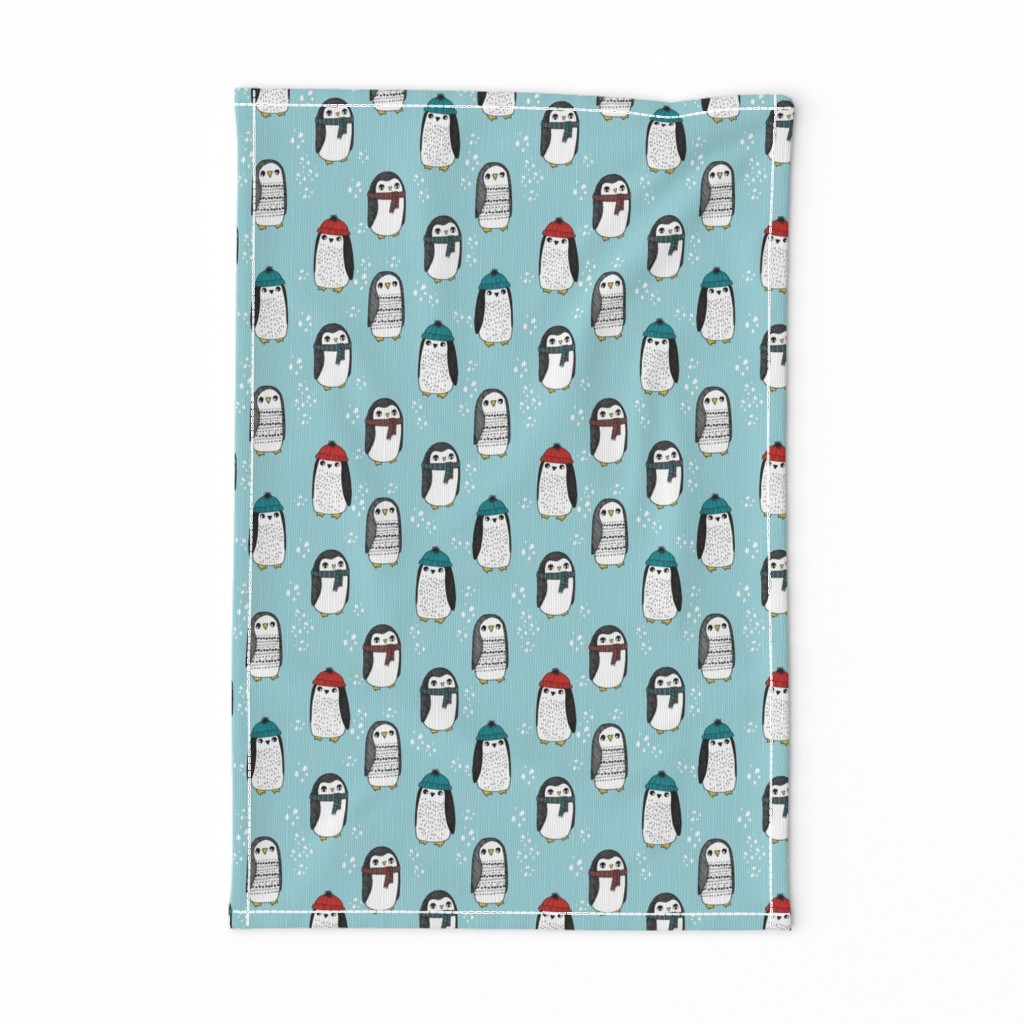 winter penguins // penguin in hats and scarves winter pingu holiday xmas fabric - lite blue