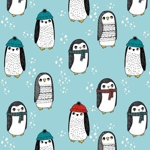 winter penguins // penguin in hats and scarves winter pingu holiday xmas fabric - lite blue