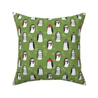 winter penguins // penguin in hats and scarves winter pingu holiday xmas fabric - lime green