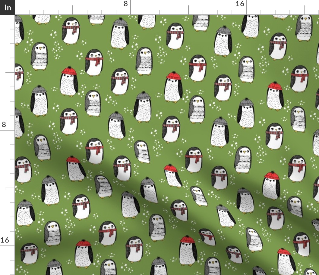 winter penguins // penguin in hats and scarves winter pingu holiday xmas fabric - lime green
