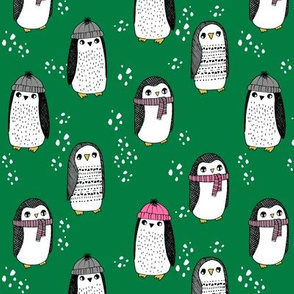 winter penguins // penguin in hats and scarves winter pingu holiday xmas fabric - green and pink