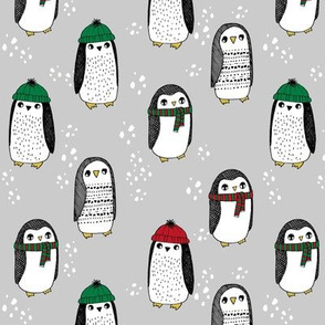 winter penguins // penguin in hats and scarves winter pingu holiday xmas fabric - grey