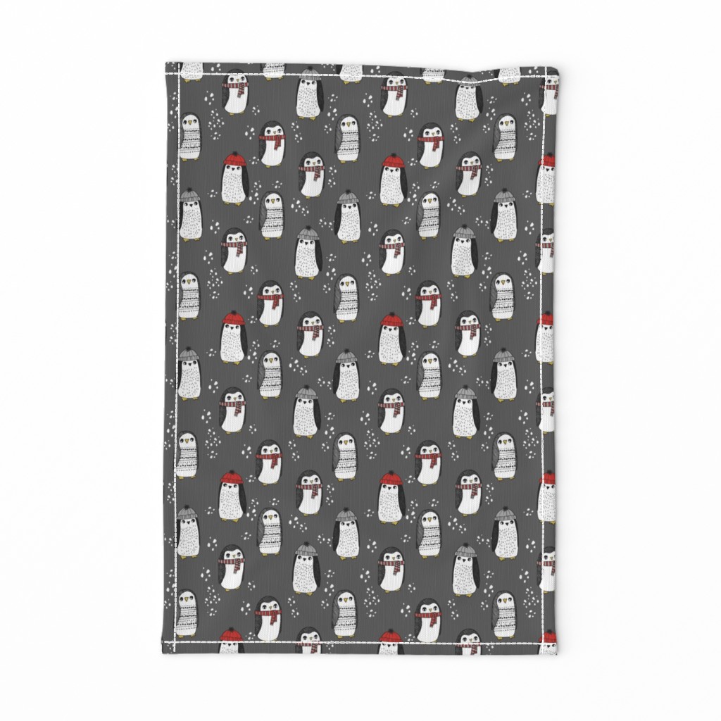 winter penguins // penguin in hats and scarves winter pingu holiday xmas fabric - charcoal