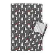 winter penguins // penguin in hats and scarves winter pingu holiday xmas fabric - charcoal