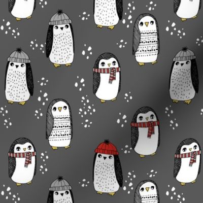 winter penguins // penguin in hats and scarves winter pingu holiday xmas fabric - charcoal