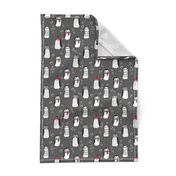 winter penguins // penguin in hats and scarves winter pingu holiday xmas fabric - charcoal