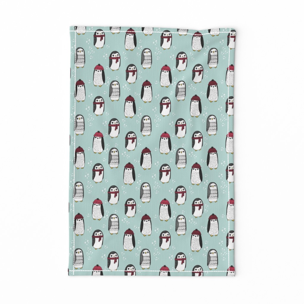 winter penguins // penguin in hats and scarves winter pingu holiday xmas fabric - lite