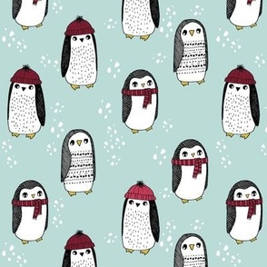 winter penguins // penguin in hats and scarves winter pingu holiday xmas fabric - lite