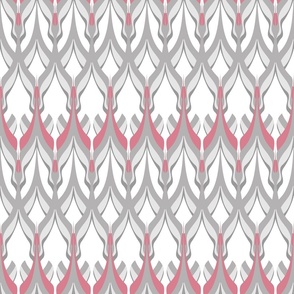 Zigzag white grey and pink hues . 