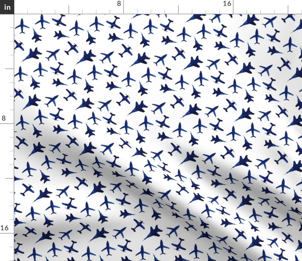 Spoonflower Fabric - Blue Planes White Airplane Water Color