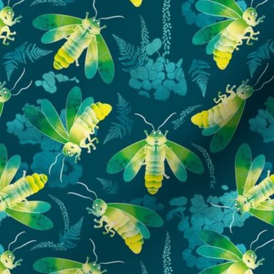 Small scale // Fireflies glowing nights // teal background with lightning bugs quirky whimsical and bioluminescence lampyridae beetles